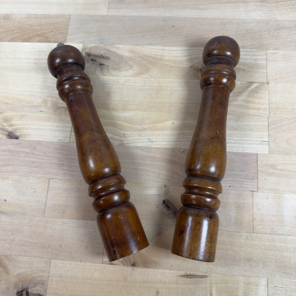 Vintage Dark Wood Salt and Pepper Shaker Mill Set 9.5 Inch Brown Wooden